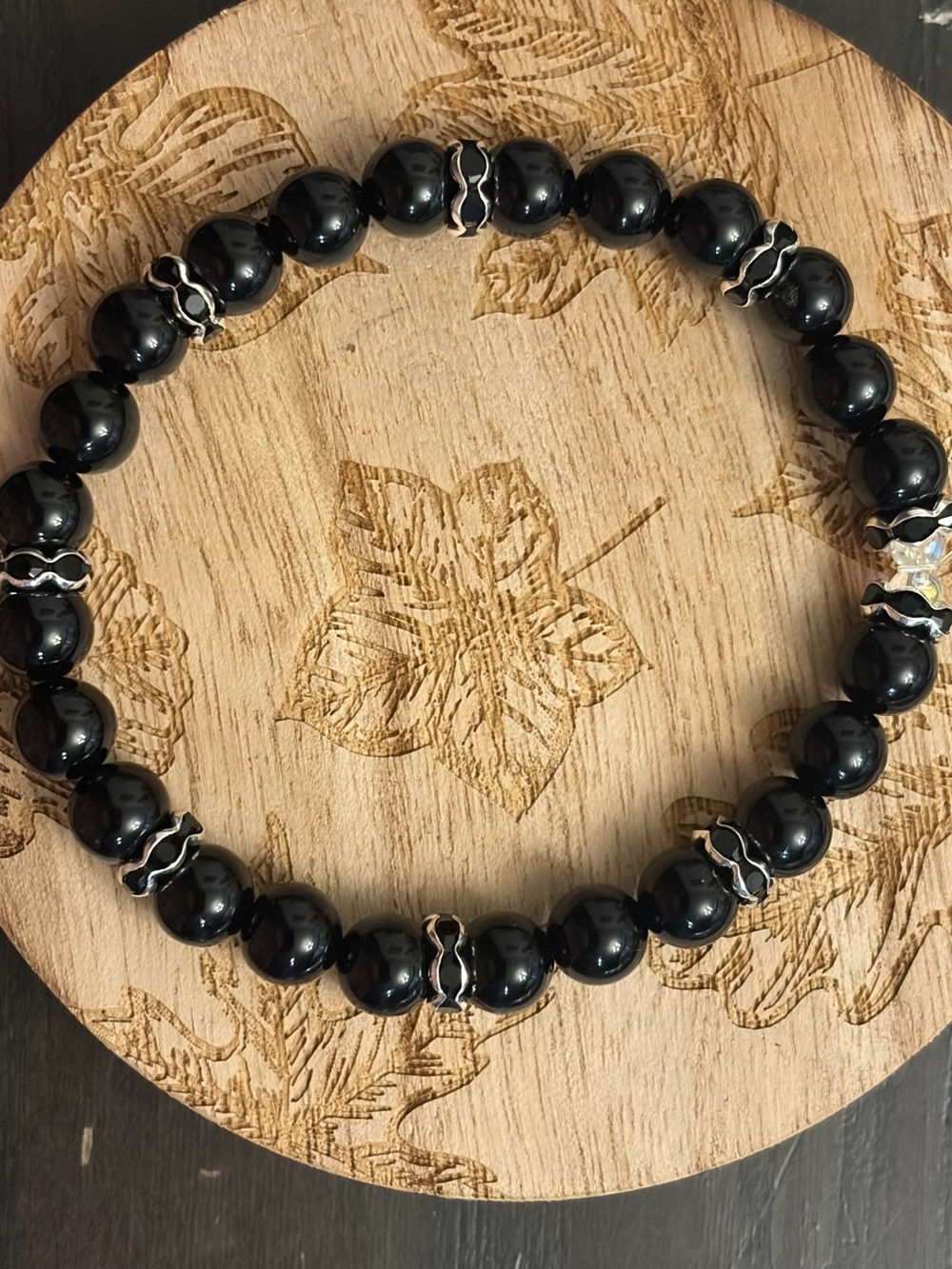 Black Beaded Stretch Bracelet with Silver Accents